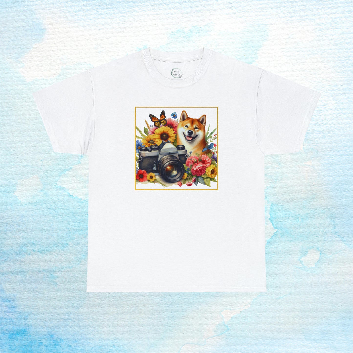 Shiba Dog Watercolor Vintage Camera Unisex Heavy Cotton Tee